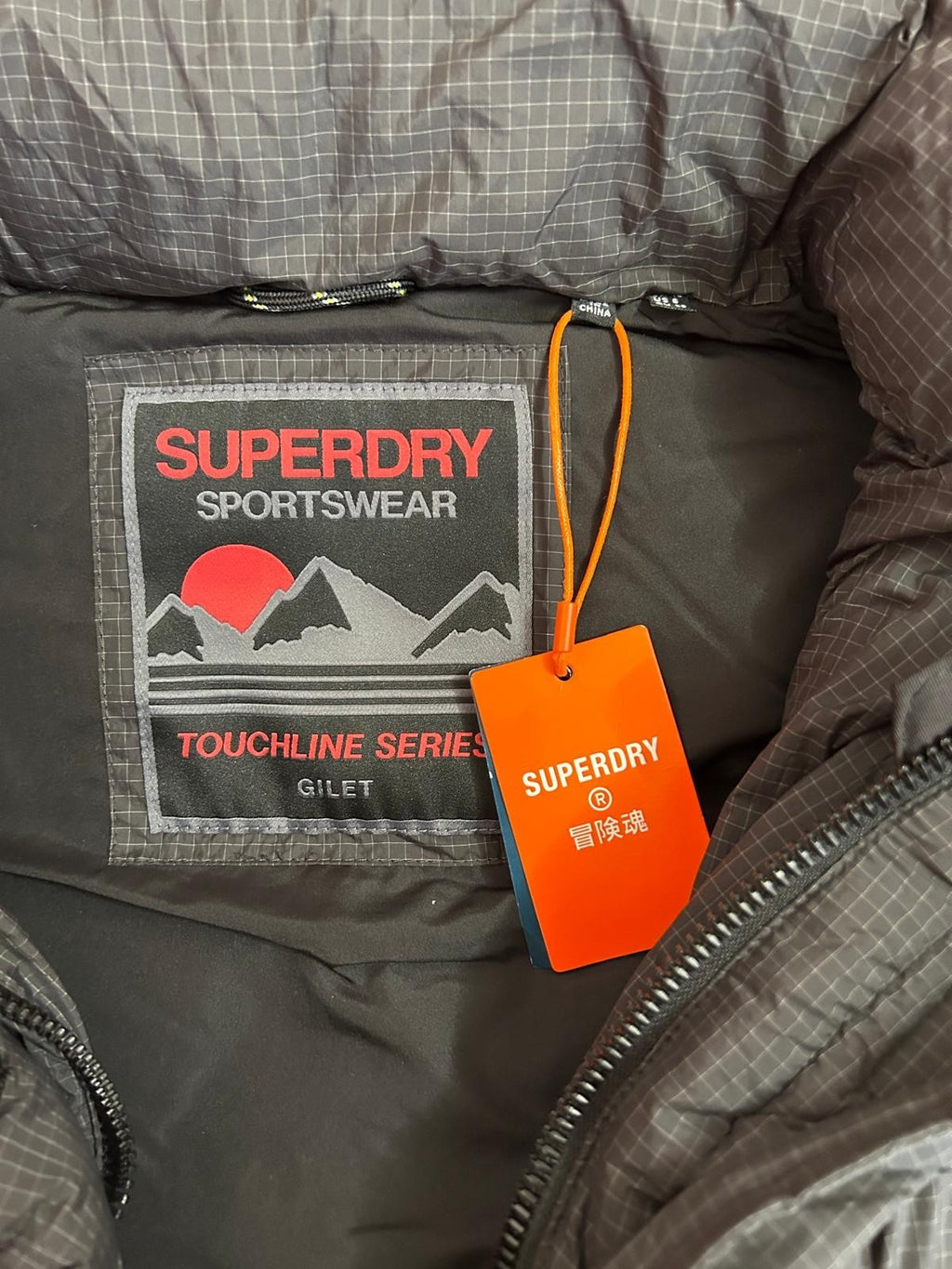 Superdry Sportswear Gilet Hooded Ripstop Longline Black Grid Size S -NEW RRP£145