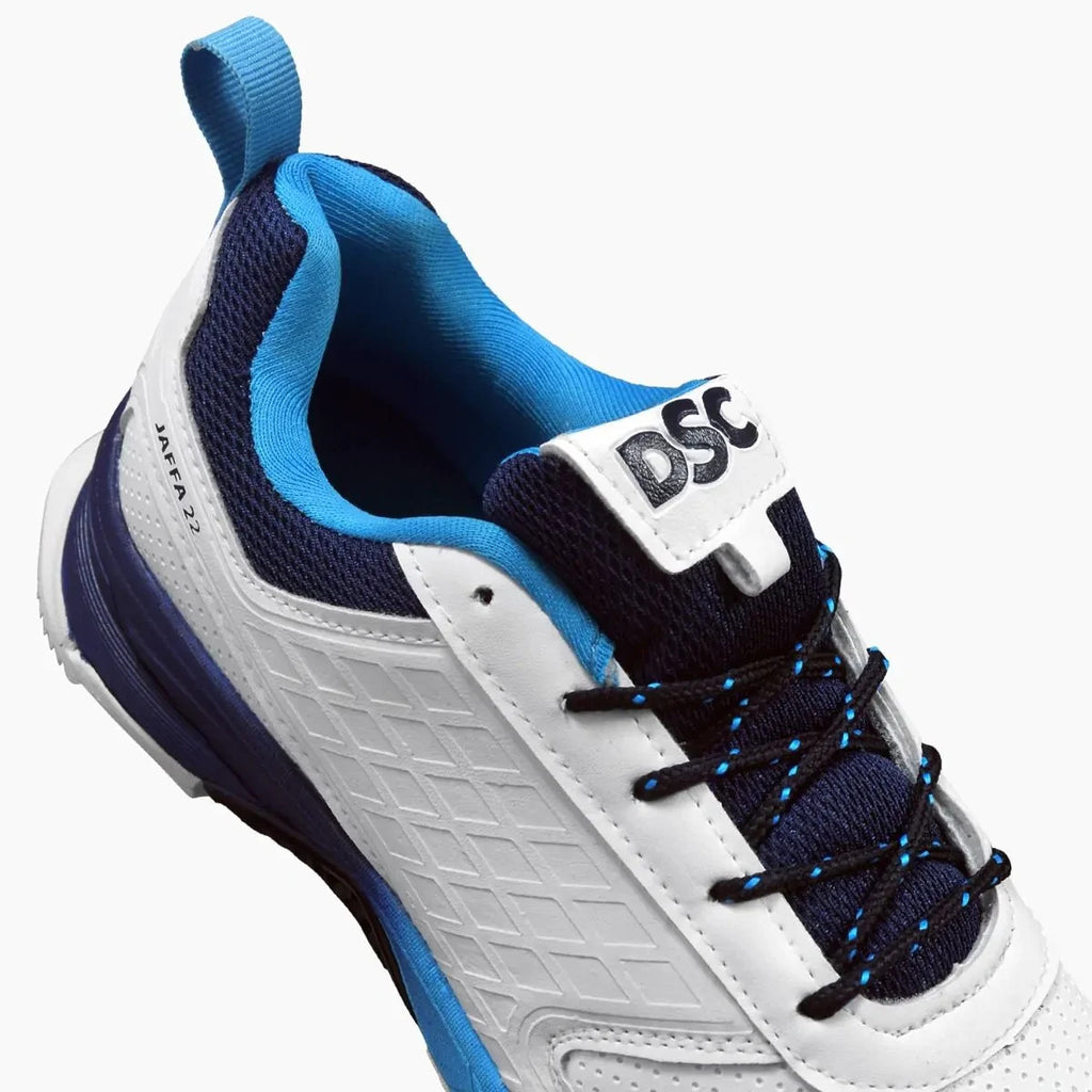 2026 DSC Cricket Unisex Jaffa 22 Rubber Sole Shoes White / Blue - Free P&P