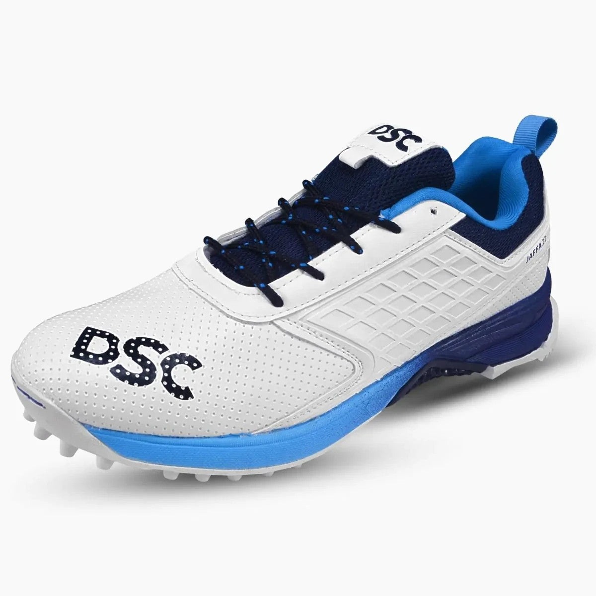 2026 DSC Cricket Unisex Jaffa 22 Rubber Sole Shoes White / Blue - Free P&P