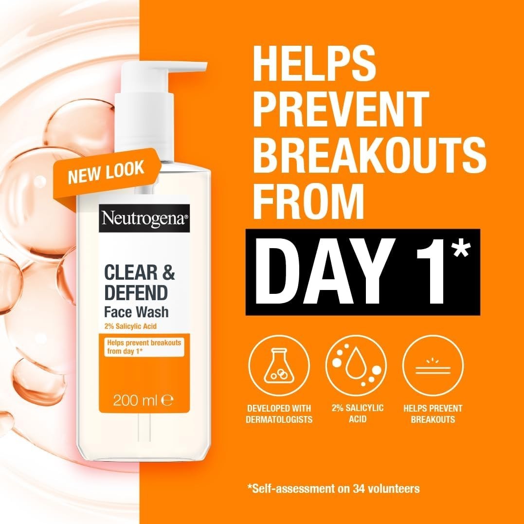 Face Wash - Neutrogena Clear & Defend (1x 200ml) | 2% Salicylic Acid | Oil-Free