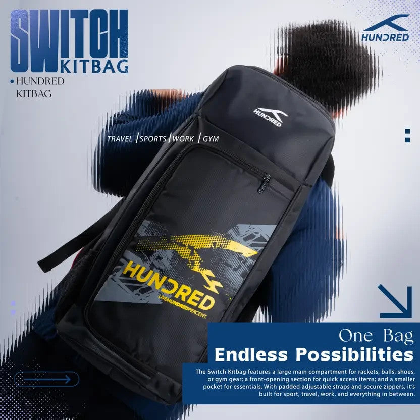 Hundred Switch Badminton Kitbag Backpack – Durable Sports Racket Carry Bag Black