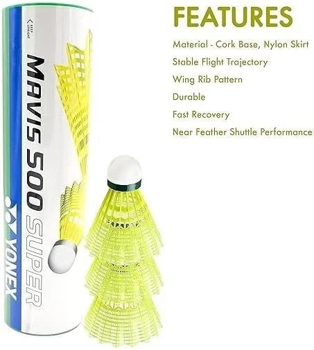 Yonex Mavis 500 Super Badminton Nylon Shuttles - 1 box (6 shuttles) - SEALED NEW