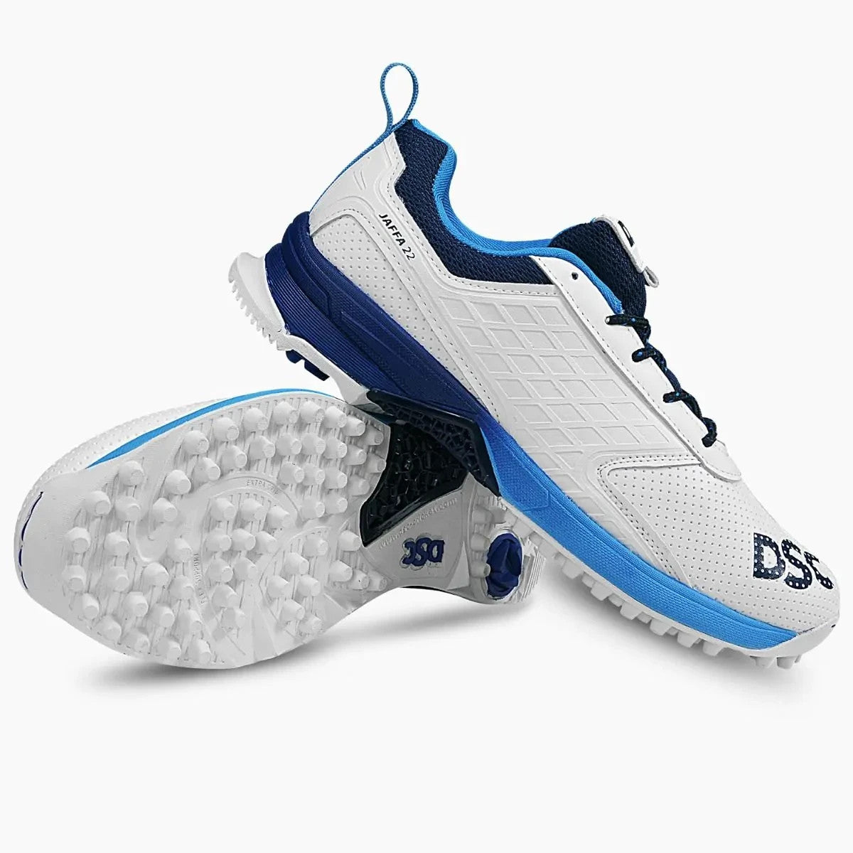 2026 DSC Cricket Unisex Jaffa 22 Rubber Sole Shoes White / Blue - Free P&P