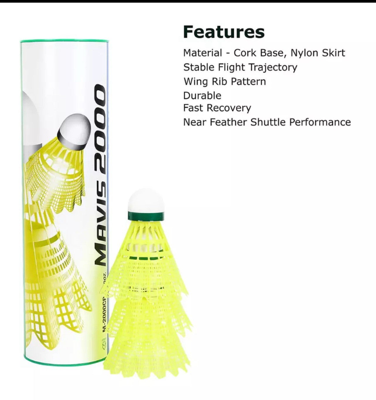 YONEX Mavis 2000 Green Cap Nylon Shuttle - Yellow (Slow, Pack of 6)