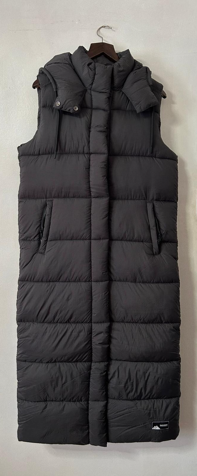 Superdry Sportswear Gilet Hooded Ripstop Longline Black Grid Size S -NEW RRP£145