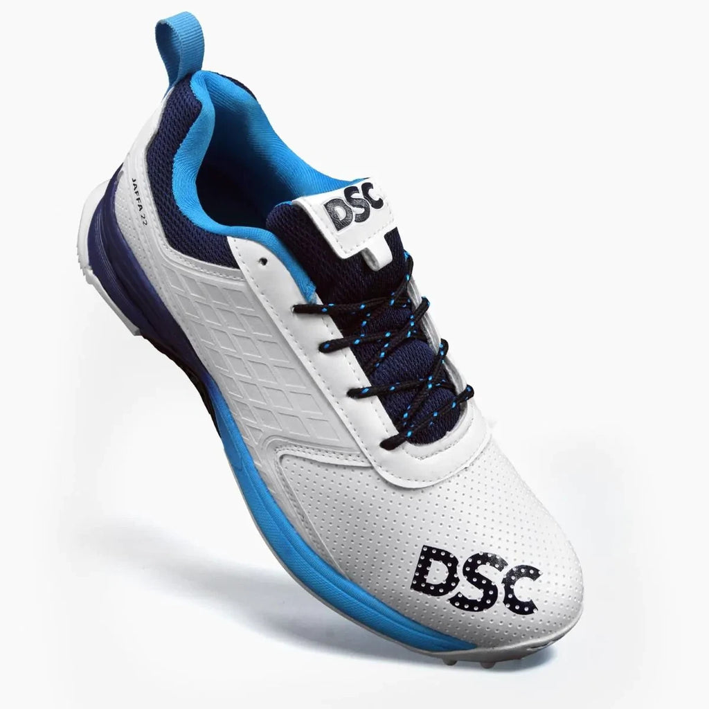 2026 DSC Cricket Unisex Jaffa 22 Rubber Sole Shoes White / Blue - Free P&P