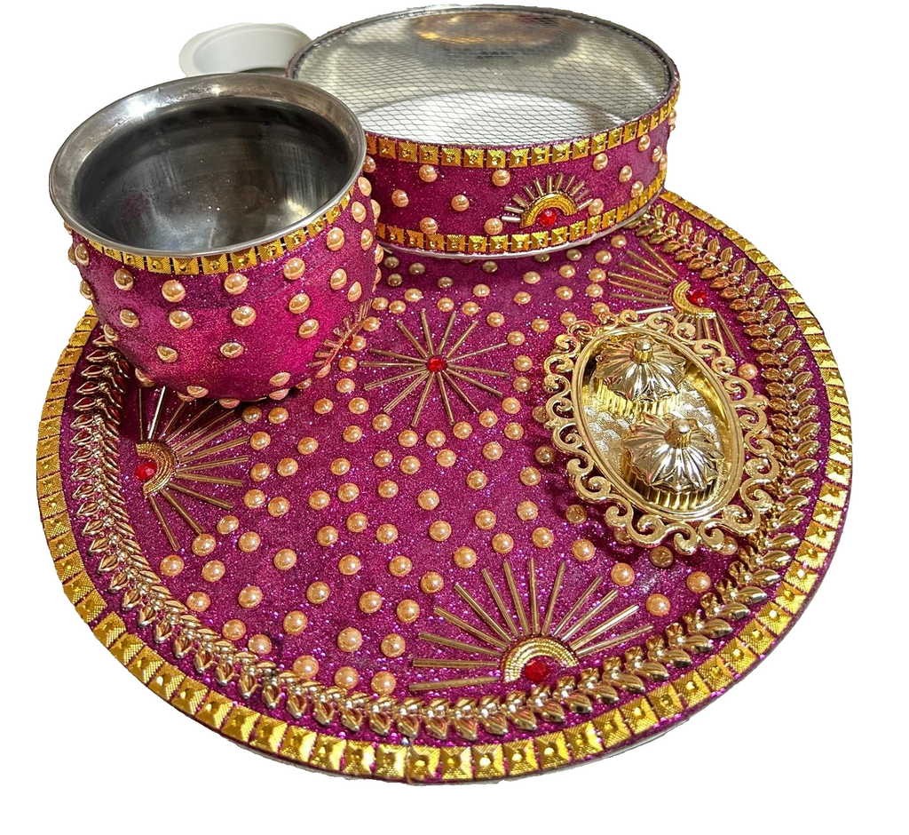 Karwa Chauth Pooja Thali Set with Kalash, Sindoor Box & Chalni | Decorative| New