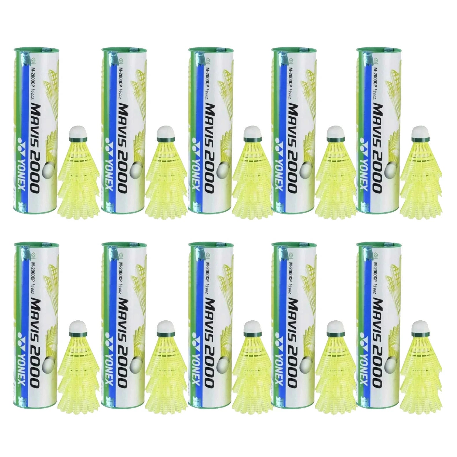 YONEX Mavis 2000 Green Cap Nylon Shuttle - Yellow (Pack of 10 TUBESx60 shuttles)